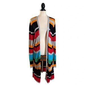 Joseph A. Cardigan Longline Duster Black Red Rainbow Stripe Print, Size 2X